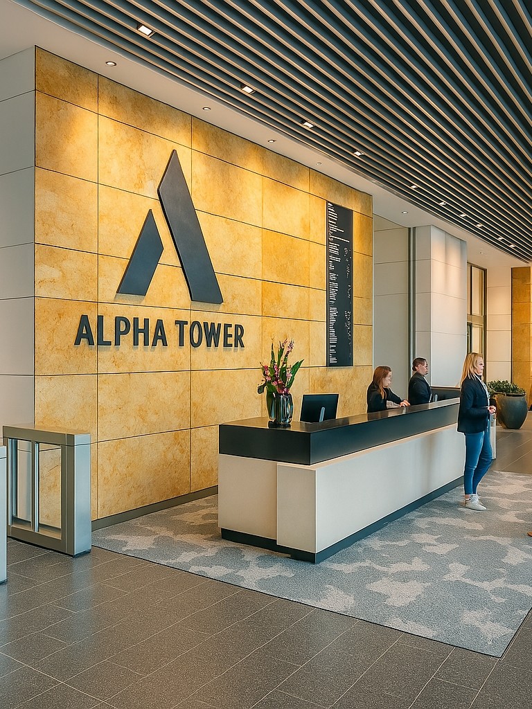 Moderne kantoorentree van Alpha Tower met receptiebalie, toegangspoortjes en bezoekers die bij de balie staan.
