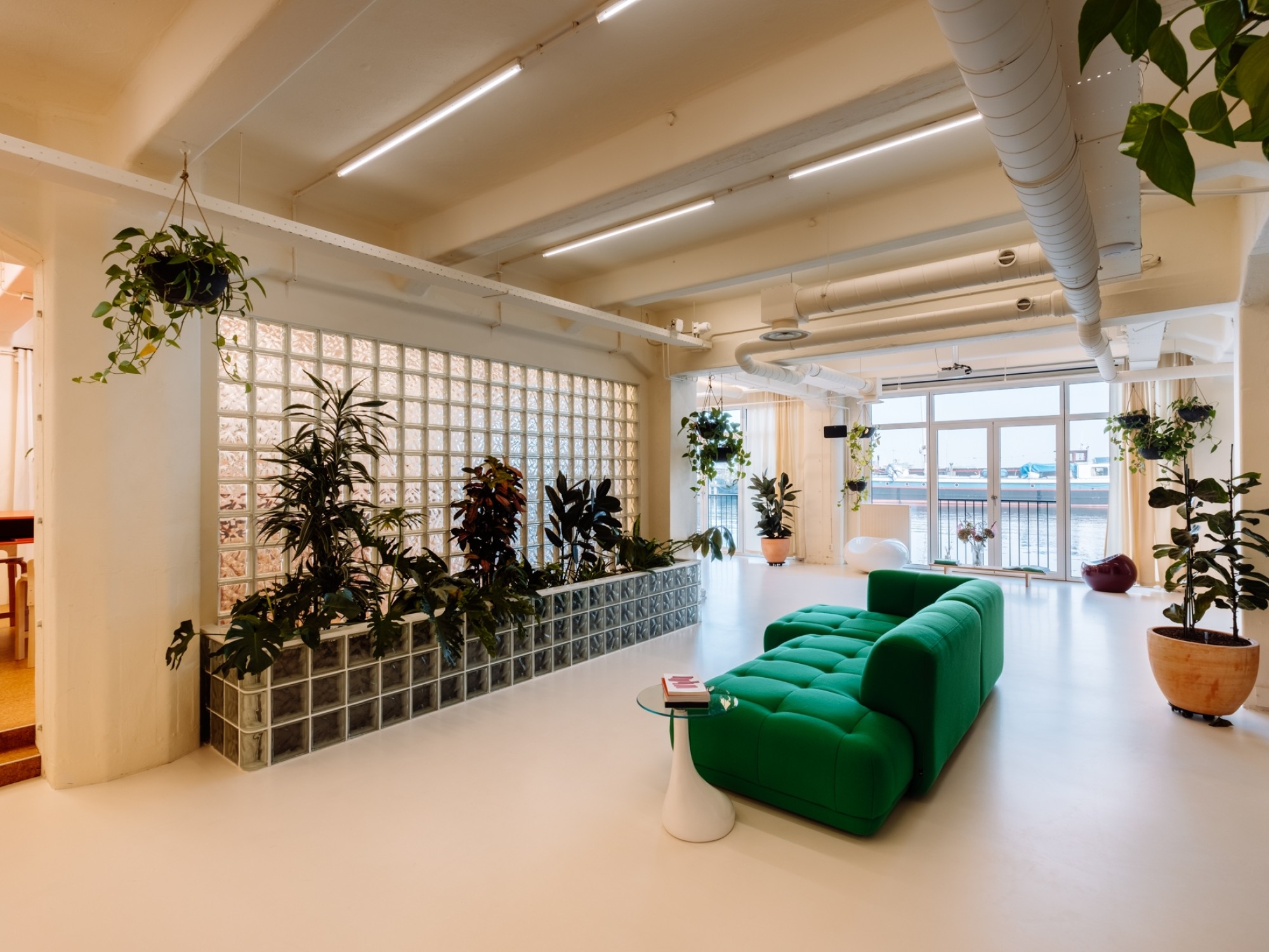 Een ruime, lichte kantoorruimte met witte vloeren en plafonds, voorzien van grote ramen met uitzicht naar buiten. In het midden staat een groene bank met een klein rond tafeltje ervoor. Langs een halfhoge wand van glasblokken staan meerdere grote planten,