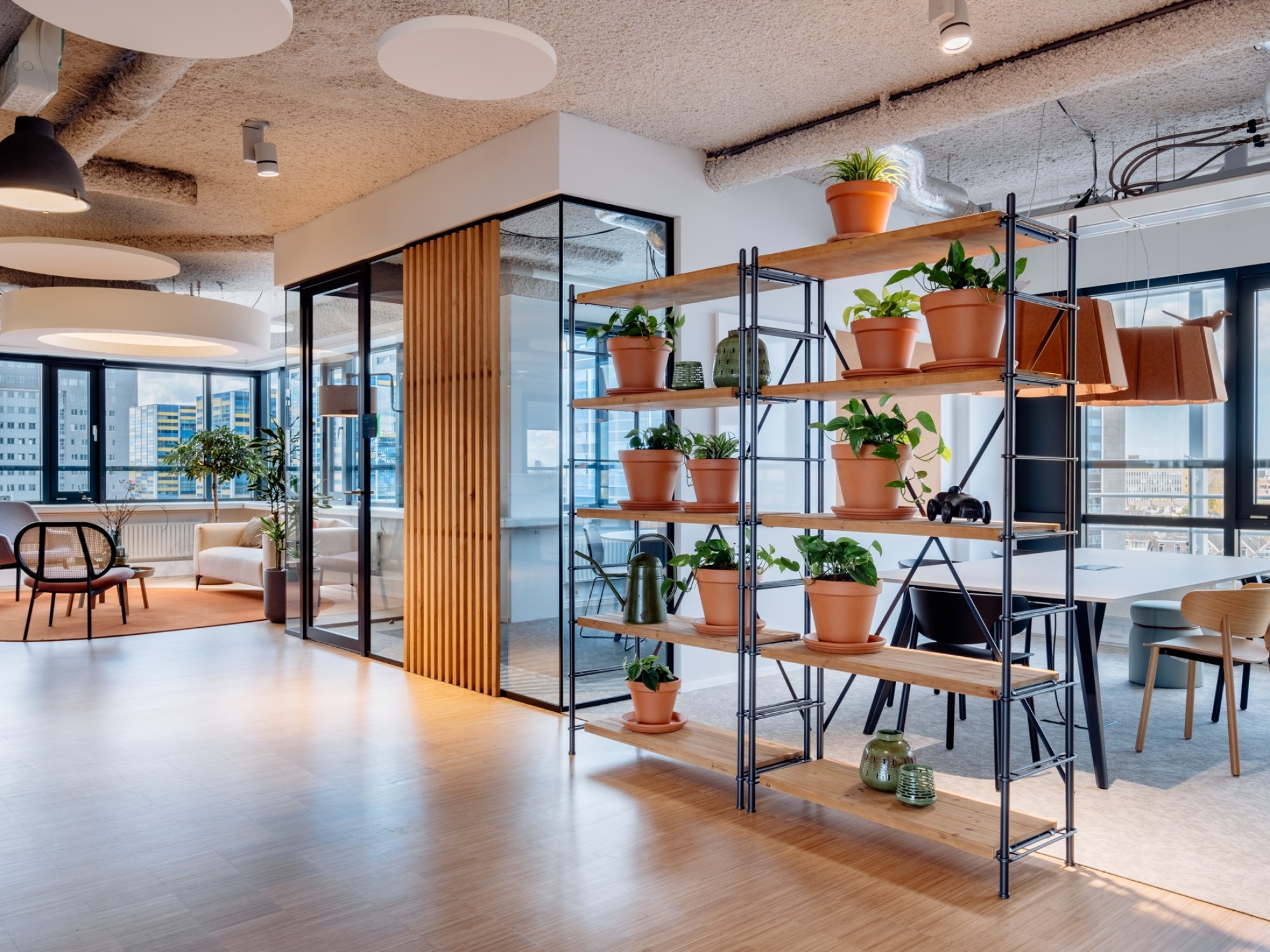 A modern office interior featuring a metal shelving unit filled with terracotta pots and green plants. In the background is a glass meeting room with black frames and wooden wall panels. The space has a light wooden floor and an industrial-style ceiling.