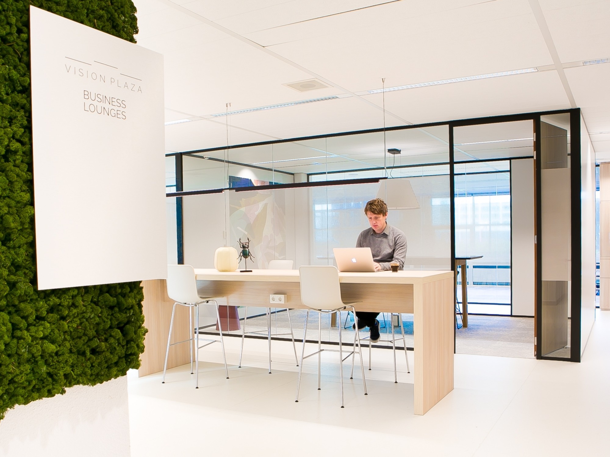 Een moderne kantoorruimte met een hoge tafel en barkrukken waar een persoon achter een laptop werkt. Links is een groene plantenwand zichtbaar met een bord aan de muur. Op de achtergrond bevindt zich een glazen vergaderruimte met zwarte frames.