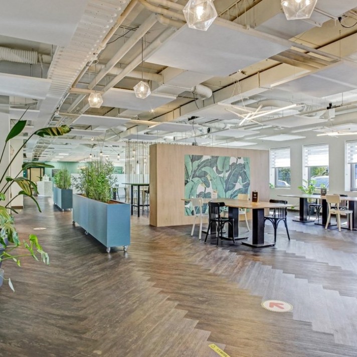 Een ruime, moderne kantoorruimte met een houten visgraatvloer en verschillende werk- en ontmoetingsplekken. In het midden staat een houten wand met een botanische muurschildering. Verspreid door de ruimte staan hoge tafels, plantenbakken en zitplekken. He