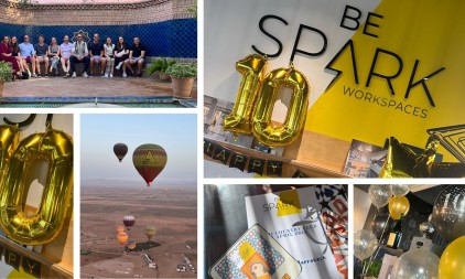 Collage of Be Spark Workspaces moments including team photo, hot air balloons, anniversary decorations, and office materials.