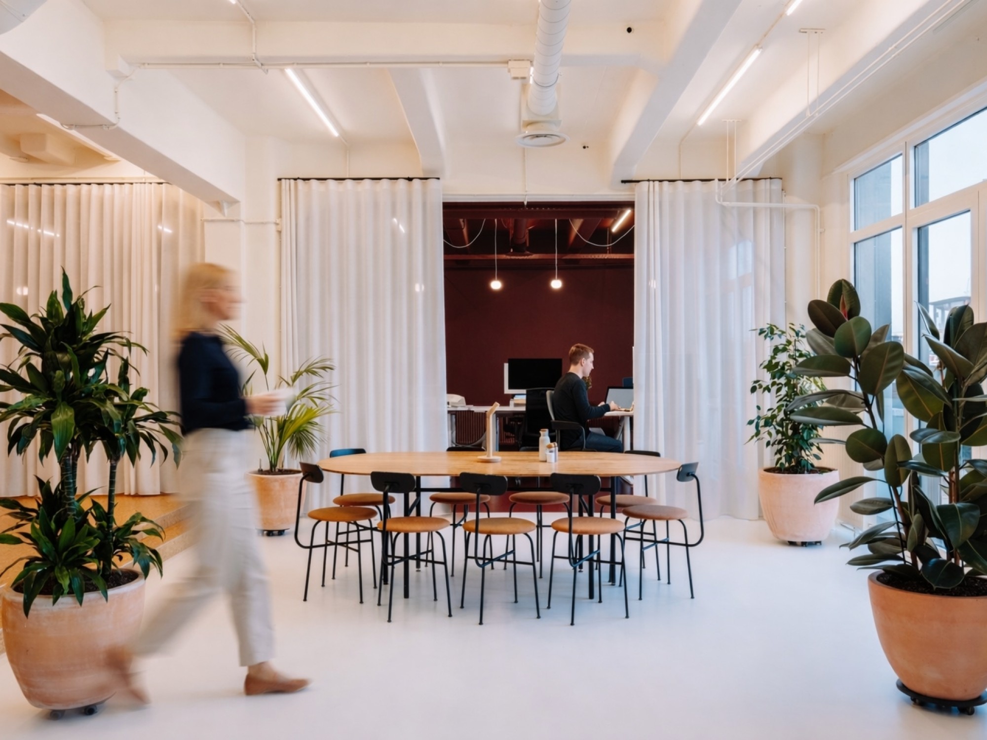 Moderne vergaderruimte met lange tafel, planten en open indeling in een lichte kantooromgeving.