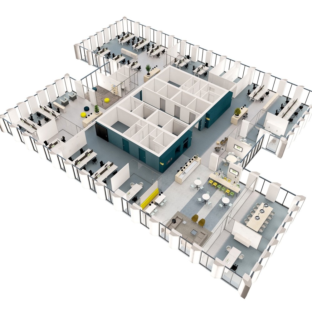 3D-weergave van een kantoorontwerp met verschillende werkruimtes en gemeenschappelijke gebieden.