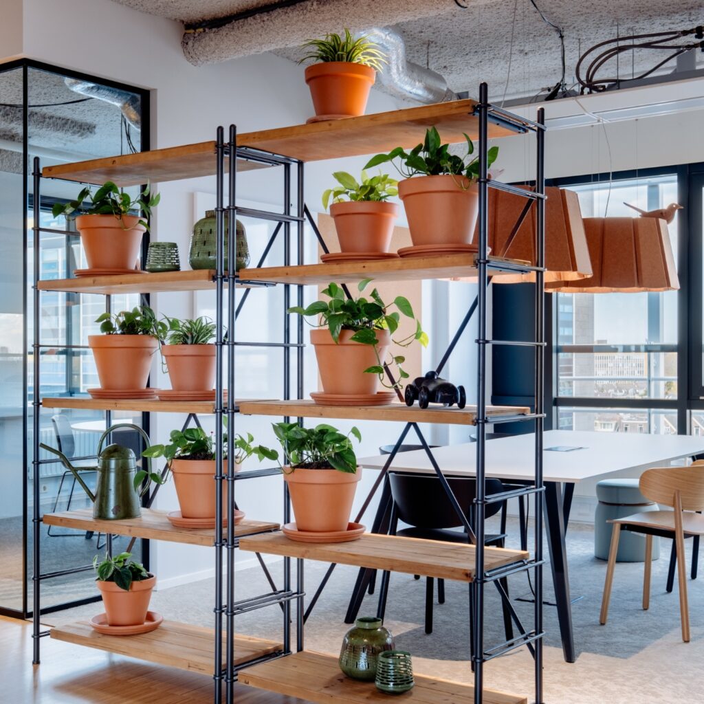 Open kantoorruimte met metalen stellingkast vol planten en moderne werkplekken op de achtergrond.