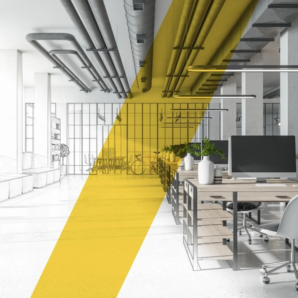 Een moderne kantoorruimte met werkplekken en planten, gecombineerd met een architectonische schets van hetzelfde interieur.