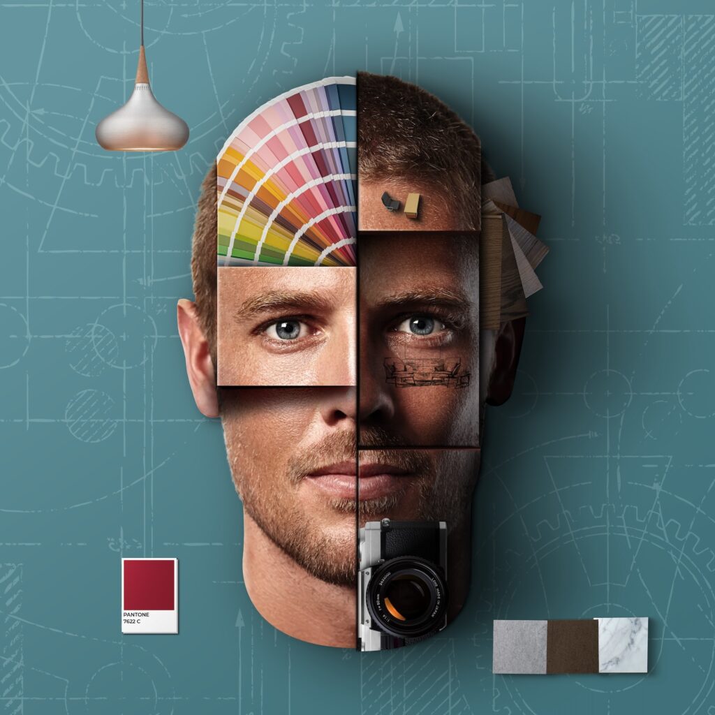 Creatieve collage van een mannelijk gezicht opgebouwd uit verschillende visuele elementen zoals kleurstalen, camera en texturen.