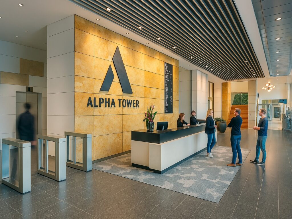 De ontvangsthal van Alpha Tower met een receptiebalie en bezoekers in gesprek.