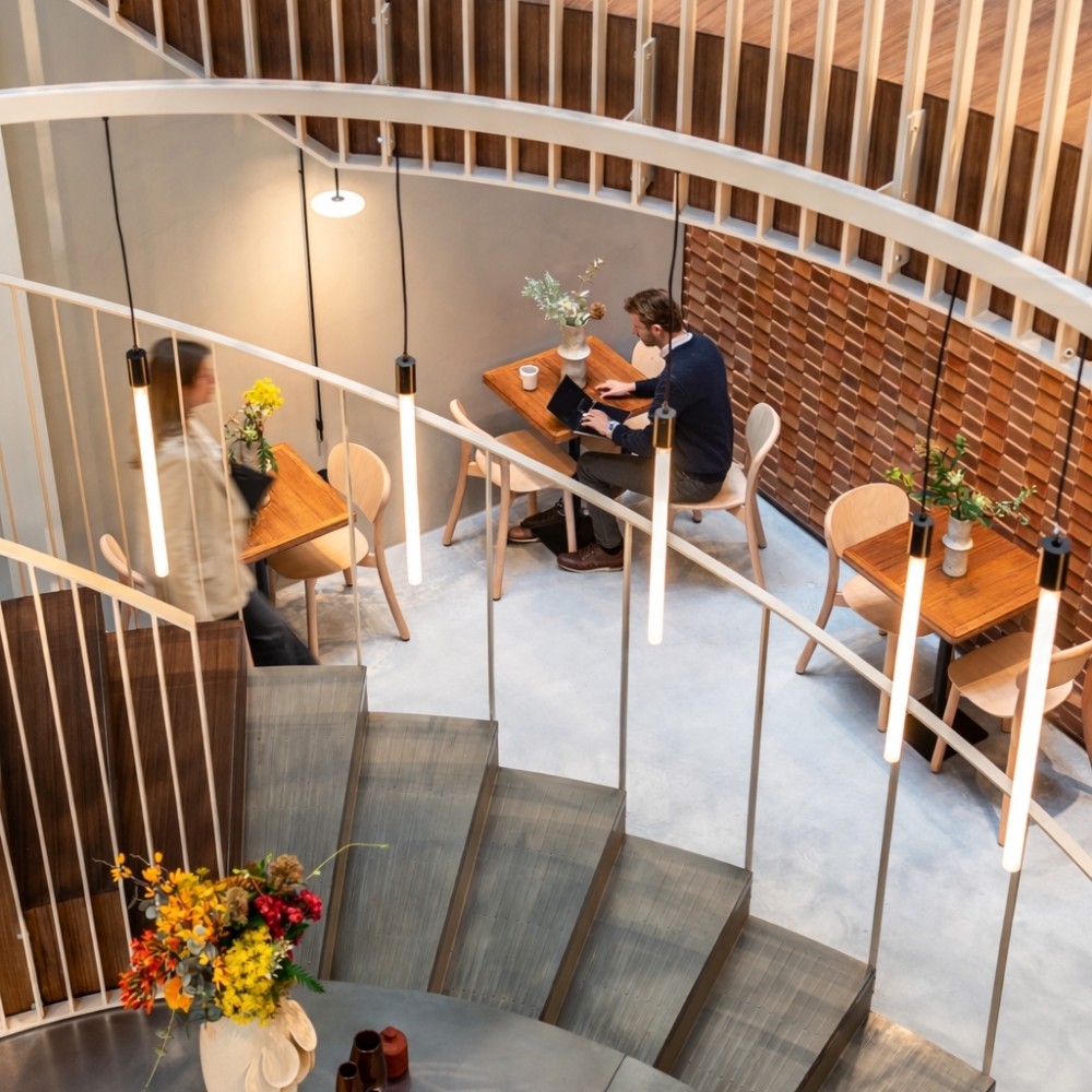 Een moderne coworking-ruimte met een open trap en werkplekken, met mensen aan tafels.