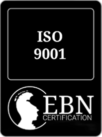 Zwart-wit EBN-certificeringslogo met de tekst "ISO 9001".