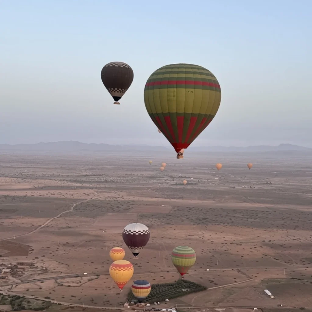 Verschillende luchtballonnen zweven boven een uitgestrekt landschapsbeeld.