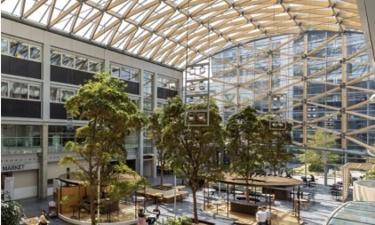 Interieur van een atrium met een houten dakconstructie en veel groene planten.