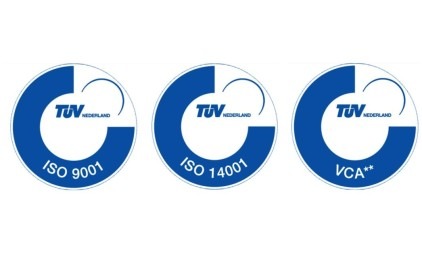 Drie blauwe certificeringslogo's van TÜV Nederland voor ISO 9001, ISO 14001 en VCA**.