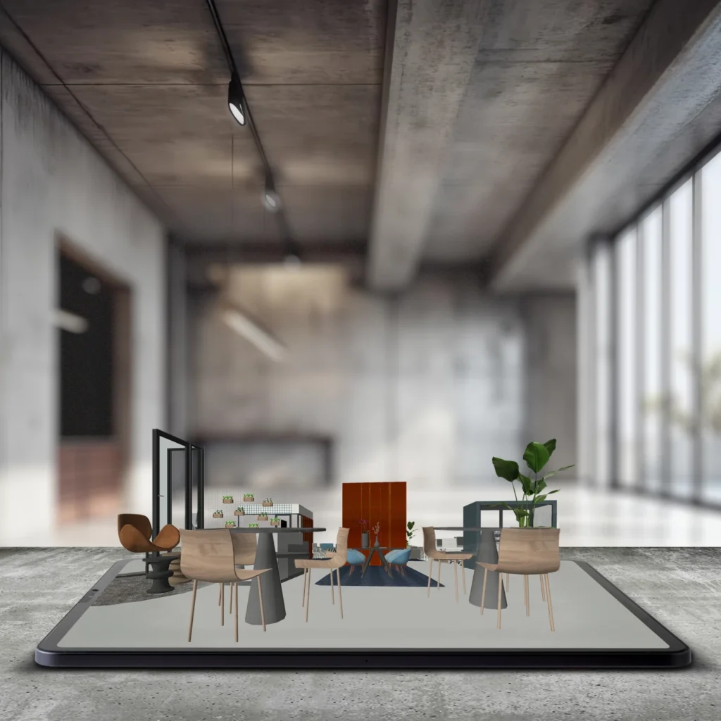 Een miniatuur interieurontwerp wordt weergegeven op een iPad-scherm in een industriële ruimte.