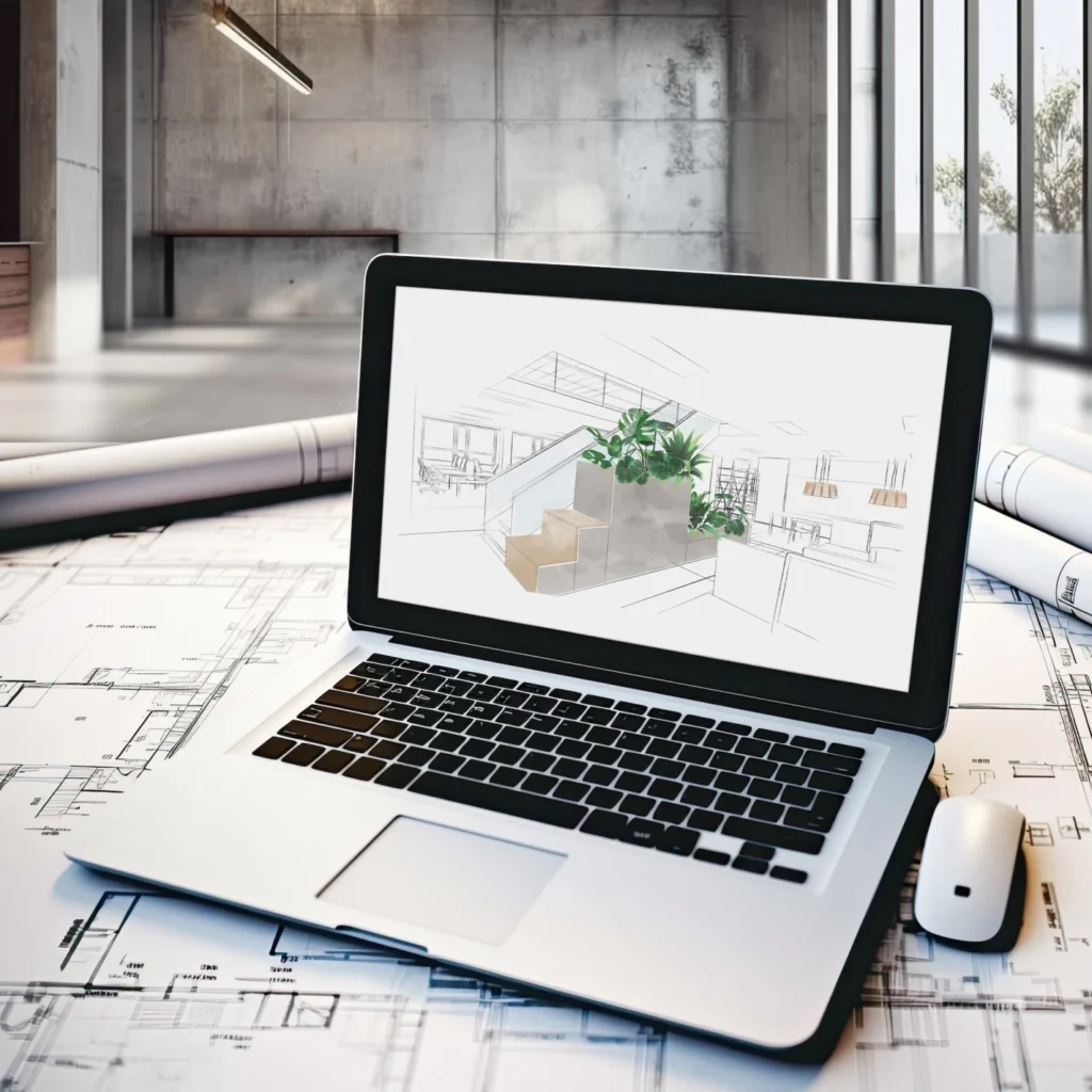 Een opengeklapte laptop met een ontwerptekening van een interieur op het scherm, omringd door bouwtekeningen en een computermuis.