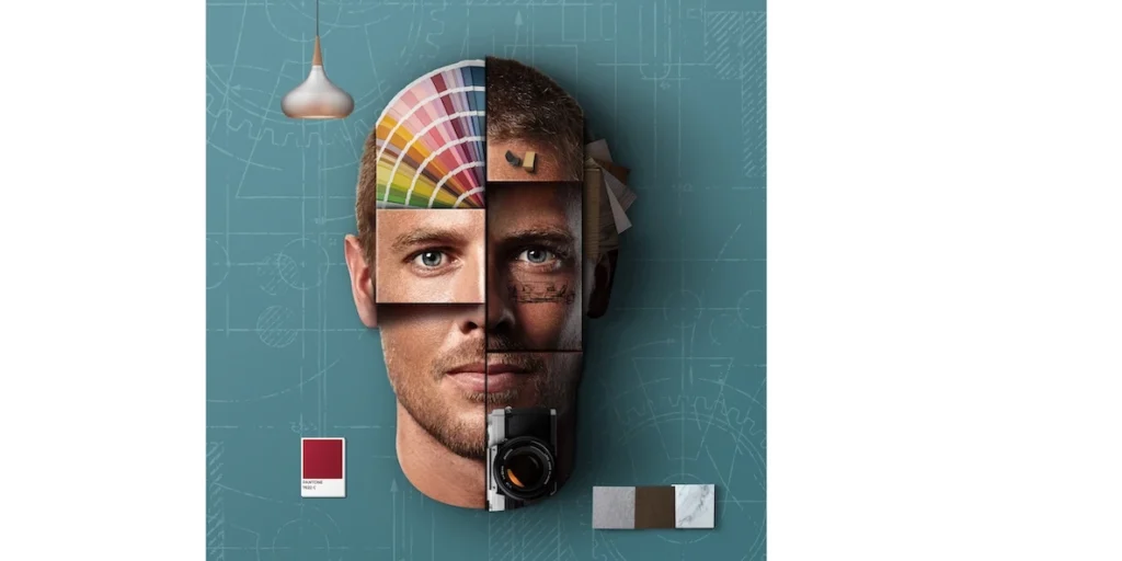 Een kunstzinnige compositie van een gezicht, bestaande uit kleurstalen, technische en creatieve elementen.